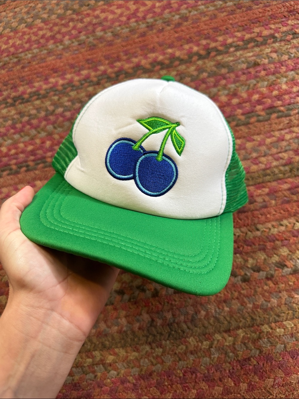 BLUEBERRY HILL Green and White Cherry Patch Trucker Hat